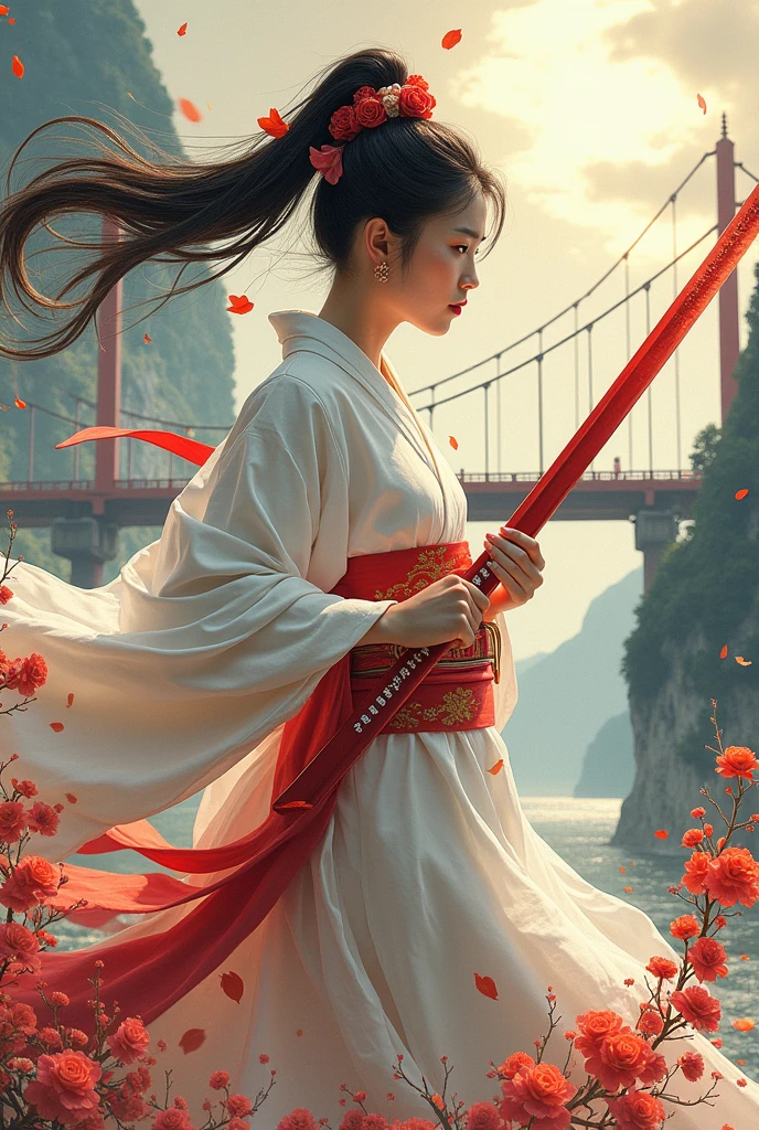 (masterpiece, best quality, beauty, best ratio, best shadows,best Illustration)
uhd,china female kungfu, korean beauty like tae yon, sword dancing, full face and posture fully visible, shining red eyes, windblown hair, wear white chong sam with hoody,  left hand holding red chinese fan and right hand holding long sword,on the bow of the ship.bright sky and cloud seen on far away. use the RenderMan renderer.digital art. High definition, high contrast,high color saturation,128k,cinematic lighting, intricate,cinematic advertising photograph,cinema lens,high res.
Samsung Wallpaper size 1080×2400 pixels