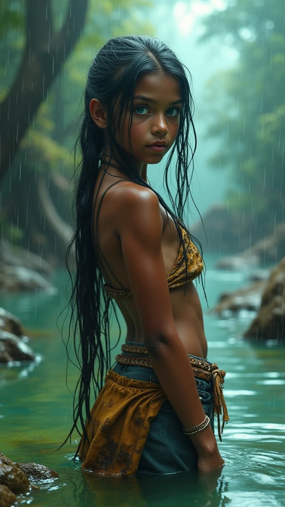 1girl, [red and black hair], \(wild, (dark skin),(skin texture), (detailed skin), jungle, tribal, amazone, wet\)_girl, \(wild, jungle, tribal, amazone, skin, bones\)_\(clothes, clothes\ ), tribal_\(marks, tattoo\), small breasts, barefoot, skinny girl, rainforest, rain, downpour, from above,