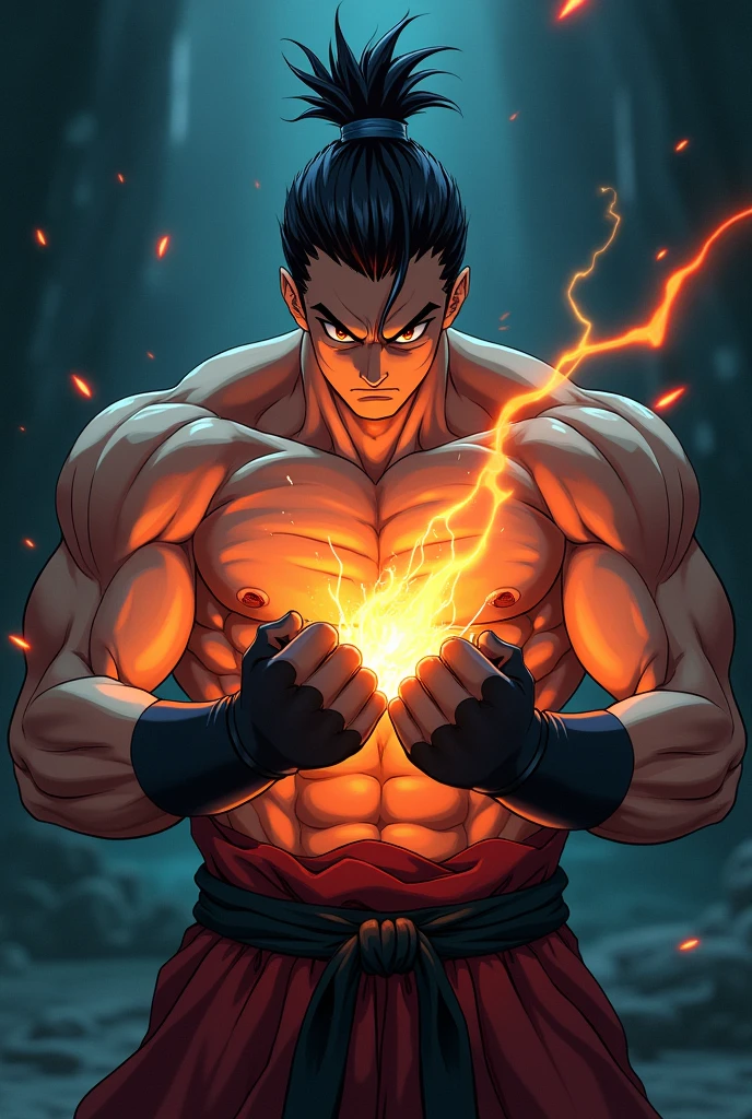 muscular strong man, with short hair that covers her eyes, his eyes are black and bright red, he is shirtless, white pants and black gloves that only cover half of his fingers, he has a bright yellow hole in his chest with some blood marks, he has a huge Japanese letter on his back glowing 