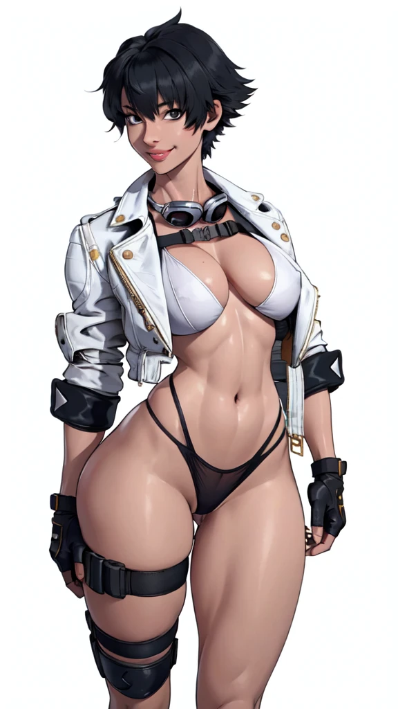 masterpiece,best quality,extreme detail,8k,white background,lady2,1girl,solo,breasts,looking at viewer,smile,short hair,black hair,gloves,navel,cleavage,underwear,standing,panties,jacket,open clothes,black gloves,fingerless gloves,open jacket,lips,black panties,no bra,highleg,white jacket,goggles,cropped jacket,thong,goggles around neck,heterocromia,