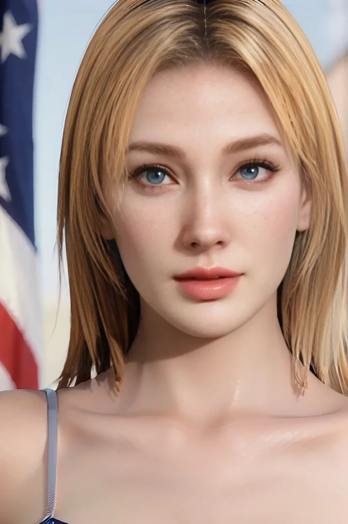 A beautiful detailed portrait of Tina Armstrong, a blonde-haired girl wearing a left bra bikini with an American flag pattern and long blue jeans, extremely detailed face with beautiful eyes and lips, fullshot, photorealistic, high quality, studio lighting, vivid colors