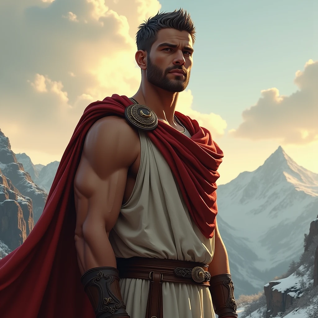 ((artwork)) ((body completo)) ((30 year old man)) body: brownish skin, high, muscular, ((body hair)) ((platinum ruby hair)) male face, barba, beautiful eyes, detailed eyes ((Gold colored eyes)). Expression: Seductive, sonrisa Seductive. CLOTHES: Red Greek Cape, TOGA BLANCA, Gold ornaments, greek prince ornaments. pose: dynamic. scene: greek temple, Greek columns. Decor: winter, decoración de winter brillante, Wonderful lighting.