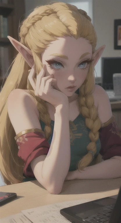 Modern Hylian, blonde, gamer girl, princess Zelda, desk, looking at computer screen, long messy hair, modern Hyrule, Hyrule castle, her bedroom, Livestream, 