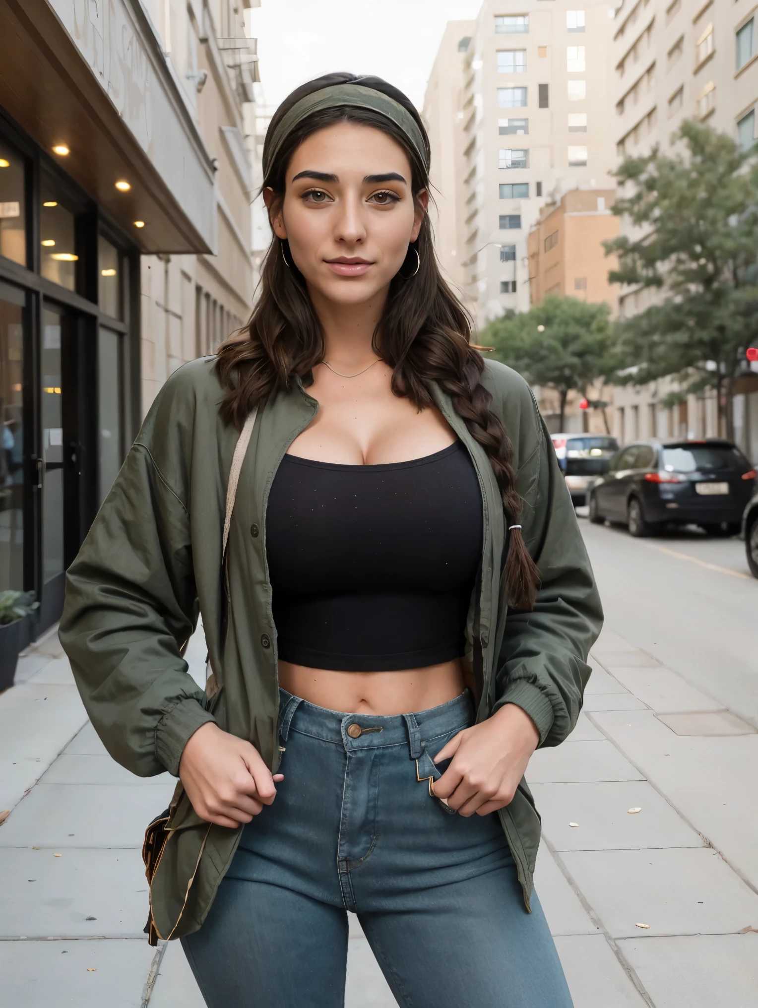 Extremely busty thin and toned brunette photographer, college girl, fair skin, loose side ponytail, soft face, athletic, bandana babushka headwrap, tight olive green casual windbreaker, skinny jeans. standing in front of her apartment building, outdoors, city, camera bag, cleavage 
