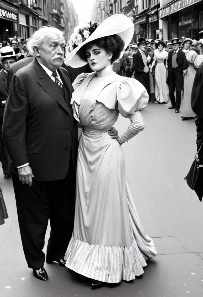 A beautiful well-endowed **** Gibson Girl coquettishly sashaying along a crowded street. Year 1903. 1900_dr3ss. Girl wearing an Edwardian dress and hat. An old man looks and smiles at her lasciviously, looking visibly aroused.