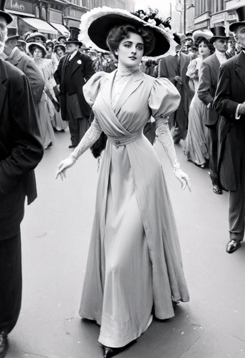 A beautiful well-endowed **** Gibson Girl coquettishly sashaying along a crowded street. Year 1903. 1900_dr3ss. Girl wearing an Edwardian dress and hat. An old man looks and smiles at her lasciviously, looking visibly aroused.