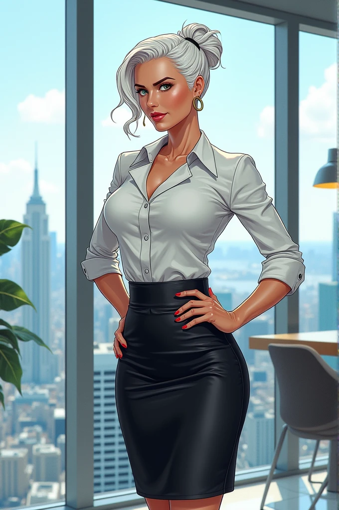 masterpiece, best quality, absurdres, perfect anatomy, a female, solo,smile,closed mouth,wavy hair,glossy face,rouge lips,beautiful office worker female,sky blue blouse,short sleeve blouse,black buttoned vest,choker,black pencil skirt,pantyhose,standing,posture,from front,cowboy shot,in office