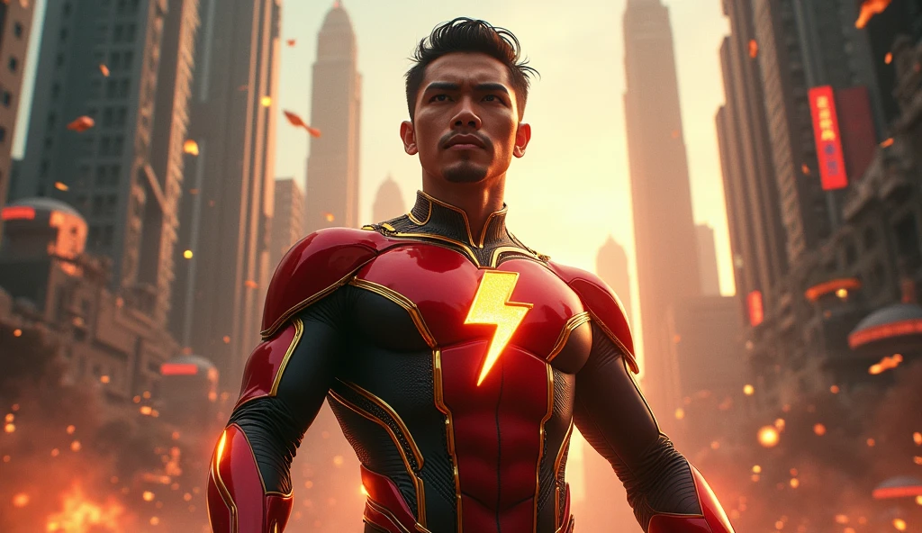 "Create a highly detailed AI image that faithfully depicts Bollywood icon Shahrukh Khan as Shaktimaan, wearing the original red and golden costume. Pay meticulous attention to replicating Shahrukh Khan's facial features, ensuring his charismatic presence shines through. Craft Shaktimaan's costume with precision, incorporating the classic red bodysuit with golden accents. Highlight the symbol of a sun embedded on his chest, maintaining its intricate design. The image should capture the essence of both Shahrukh Khan and Shaktimaan, while staying faithful to the character's iconic appearance."