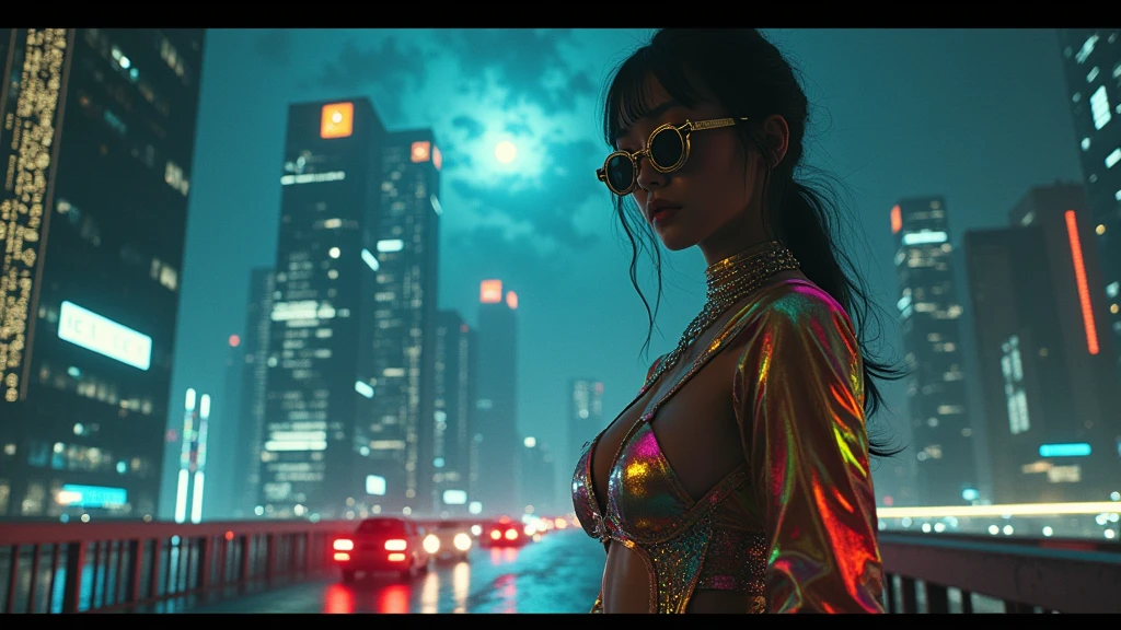 At night, aerial view of a mysterial sky garden, horror dark statue, a holographic cyberpunk city in the background with flying vehicle, fountain, waterfall, atmospheric fog, Matrix style, at night, (1girl, solo, alone), photorealistic, medium-breast slim:0.6 body, oval:0.5 face, cleavage:1.1, sexy black laced bra, miniskirt, white laced panty, coat, (black micro sunglasses), (holding a short gun), (slightly leaning forward running pose), ((half-body thigh level medium shot)), cinematic lighting, ray tracing, motion blur background.