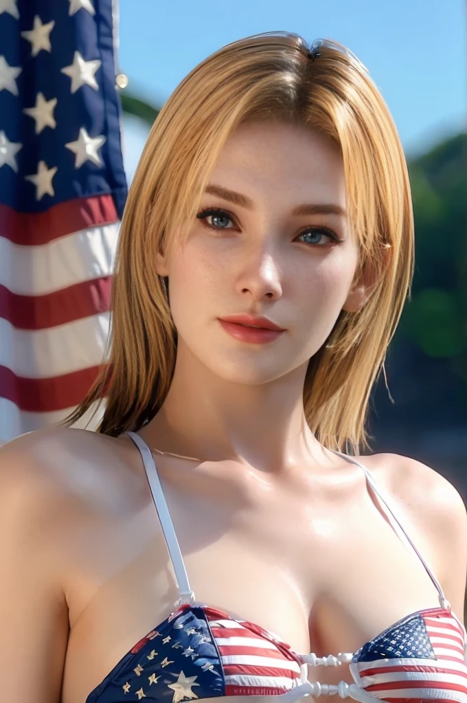 Tina Armstrong, blonde hair, beautiful detailed eyes,beautiful detailed lips,extremely detailed eyes and face,longeyelashes,American flag left bikini bra and right stripe red white,gloves,long blue jeans,belt,boots,(best quality,4k,8k,highres,masterpiece:1.2),ultra-detailed,(realistic,photorealistic,photo-realistic:1.37),video game character,extremely detailed character portrait,hyper-realistic,vibrant colors,dynamic lighting,dramatic angle