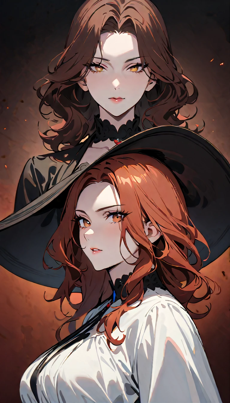 (Highest quality:1.2, Attention to detail, masterpiece:1.2, Best aesthetics), (a mature woman), lady dimitrescu, reddish copper hair, brown eyes. with a big black hat, pale skin, and a white sleeping dress 