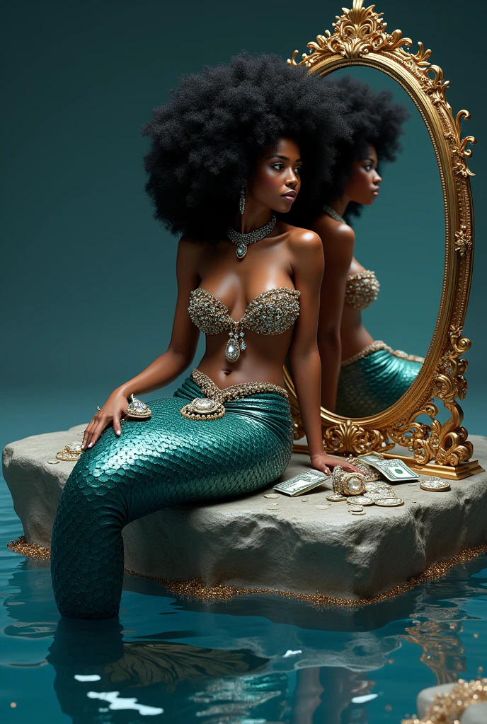 A brown skinned mermaid with voluminous black afro hair with a beautiful tail on a rock with several money, diamonds, Diamonds around you