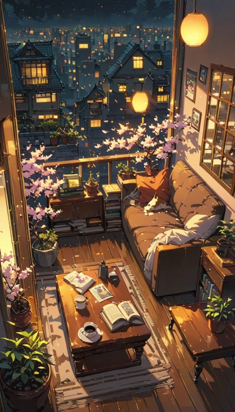 ((anime:1.4,illustration)),(masterpiece, top quality, best quality),(ultra-detailed, absolutely resolution),((16k, high res)), (((balcony, cherry blossoms, night sky, night view, potted plant, book, coffee table, sofa)) ((cozy lofi illustration:1.4)), ((anime:1.4, illustration)),(masterpiece, top quality, best quality),(ultra-detailed, absolutely resolution),((16k, high res)) BREAK {lofi art, style of Laurie Greasley, style of Makoto Shinkai, anime aesthetic}, BREAK { (produces images with information than 40 million pixels with cinematic-like detailed textures shot on a Sony SLR).}