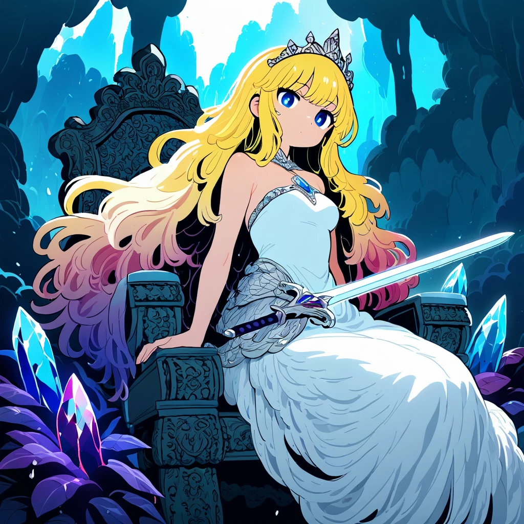 One girl, High resolution, Long Hair, Blonde, Best Quality, Gradient color hairstyle, Anime Style, masterpiece, High detail, Gradient eyes, Mesh Hair, Tiara, Blue Eyes, crystal, White Dress, Inner Color, chest, valley, Shoulder Bare, Holding a sword, Mysterious atmosphere, bright, Throne, Sitting, 