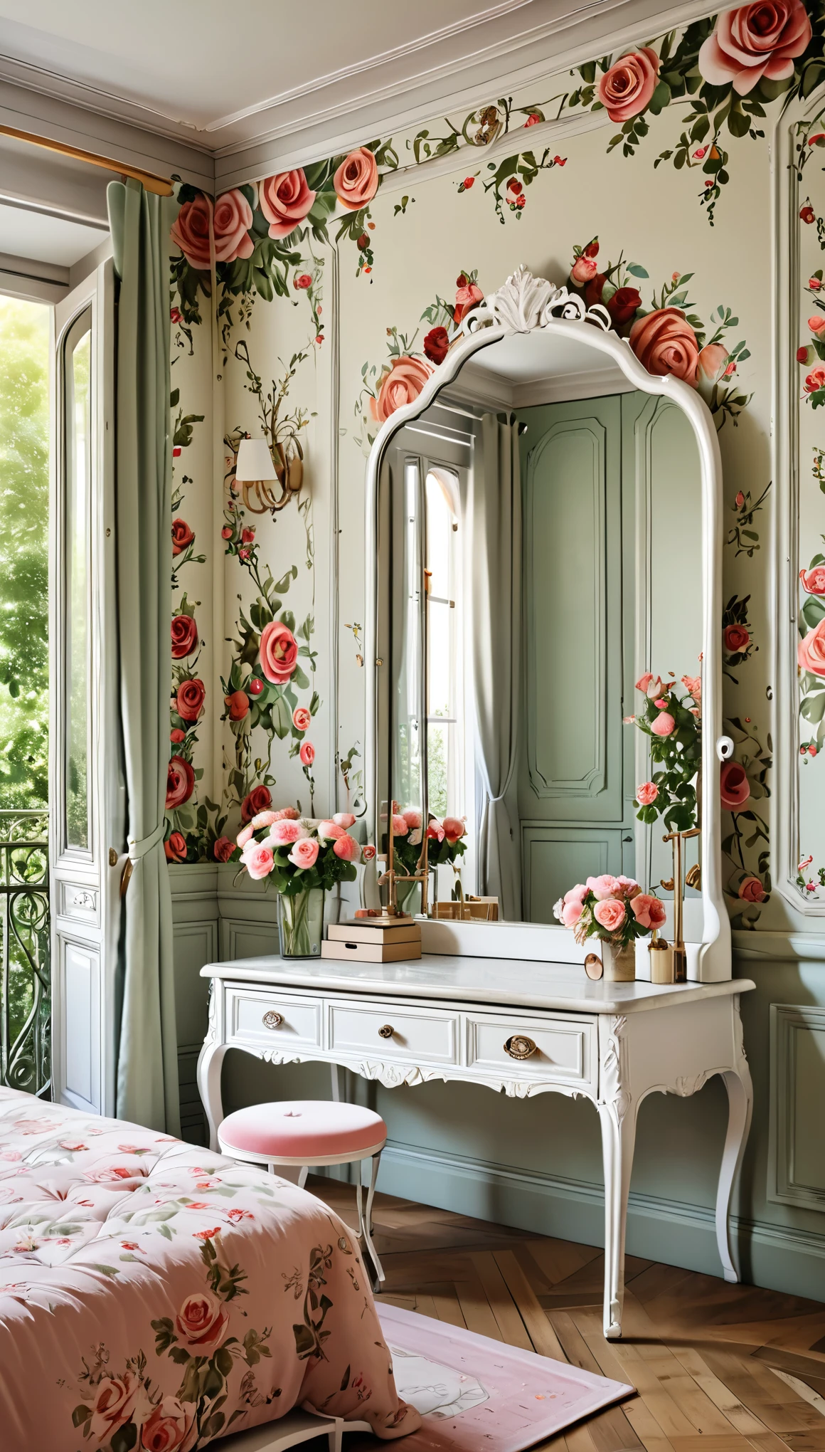 Design a cozy Parisian-style apartment with vintage floral wallpaper, a white iron bed frame, and soft velvet cushions. The room features a large vanity with an ornate mirror, where natural light streams in from French doors, leading to a balcony with flower boxes filled with roses.