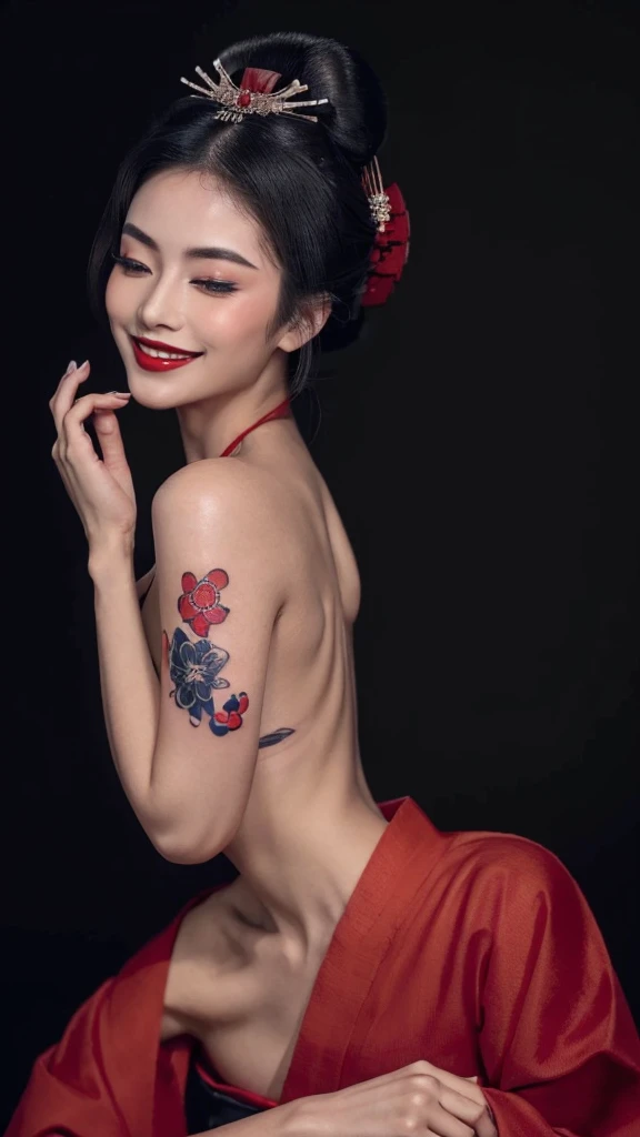 ((Top quality, 8k, Masterpiece: 1.3)), Sharp focus :1.2,   ((geisha with tattoees)).   ((detail of tattooed skin texture)).   ((Body slim thin captivating)).   ultra-detailed face,   highly detailed lips,    detailed eyes,   long eyelashes,    Make-up face.   Red lipstick.  hair accessories,    hair Bun,  elegance,    enchanting,

((Red kimono)).  

((Only shows the face)).     ((Only shows the face)).    make-up face with lipstick,    ((spoiled smile)),    both eyes closed,     both eyes closed,     both eyes closed,    both eyes closed,      both eyes closed,    both eyes closed,     ((Dark background))