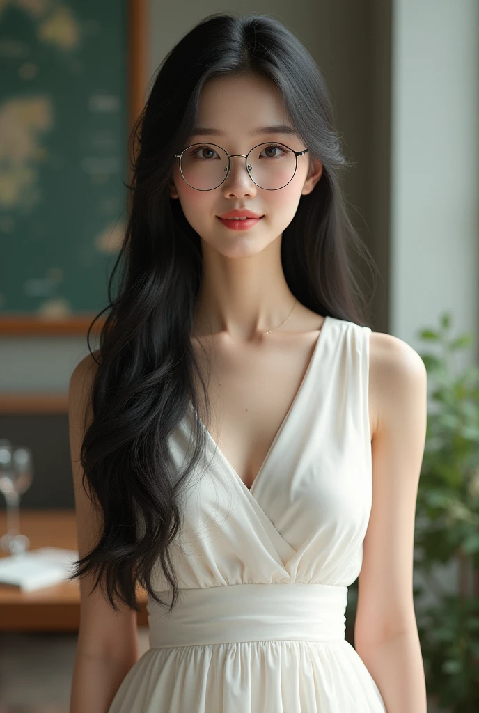 (((best quality))),(((ultra detailed))),(((masterpiece))),illustration,((1 beautiful young girl,female teacher,solo)),(shoulder-length wavy hair:1.2),(glasses:1.2),((slim,thin)),((small breasts,flat chest)),(summer:1.3),(indoor:1.2),(in classroom:1.3),(light purple collared blouse:1.3),(maxi dark purple skirt:1.3), elegance, confidence, professional attire, fashionable, personal style, wall posters, maps, colorful, learning, organized, desks, chairs, whiteboard, important information, diagrams, bright eyes, focused, gentle smile, warmth, kindness, positivity, enthusiasm, inspiring, students, joy, intelligence, snapshot, dedication, grace,((from front,upper body))