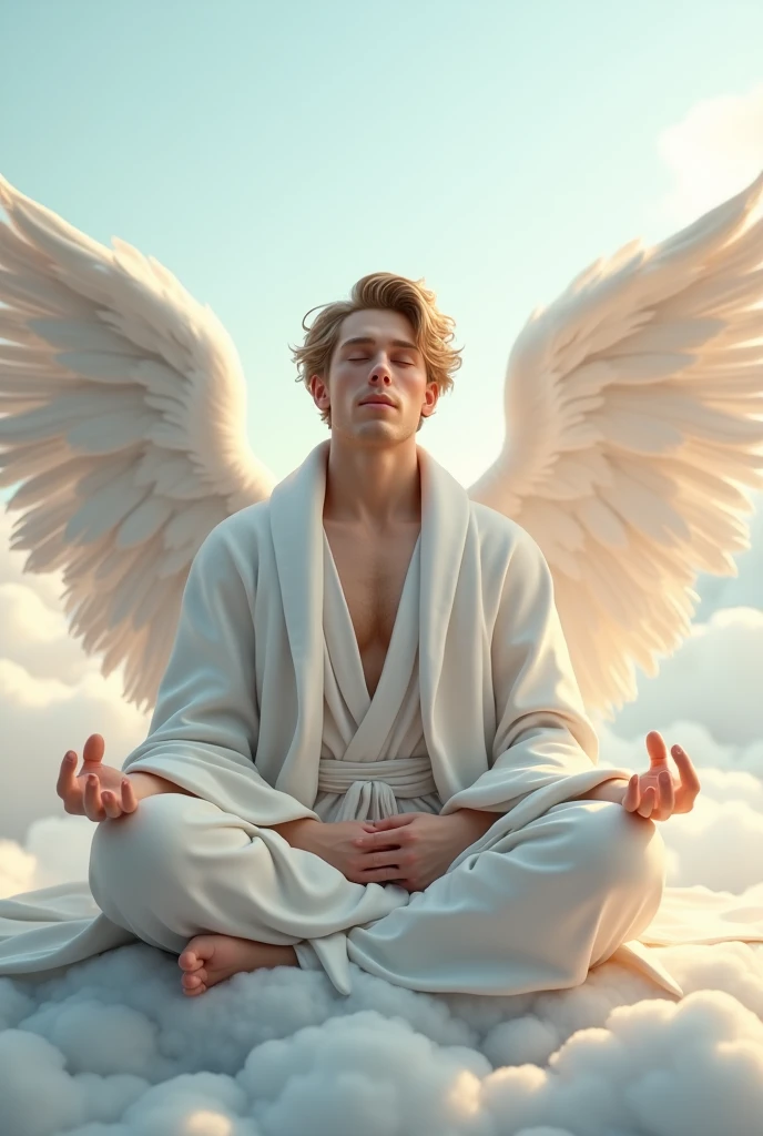 In the universe that spreads beyond the galaxy, a space filled with the brilliance of silent stars. Therein lies the figure of a man meditating. He is a beautiful angel with wings of white feathers. He is enveloped in light, with his eyes closed with a restful expression, and he is in a silent zazen pose.

It resonates with the infinite stars that stretch deep in the universe, and a faint circle of light appears around the angel. The light symbolizes his inner peace and connection with higher beings.

In the background, azure outer space stretches out, and nebulae and galaxies dance gracefully. The light of the stars gently illuminates him, making him feel the mystery and infinite possibilities of the universe.

This art expresses harmony between the universe and inner tranquility. The angelic figure and meditative pose symbolize the exploration and serenity of the inner self, giving the viewer a deep sense of silence and healing.
