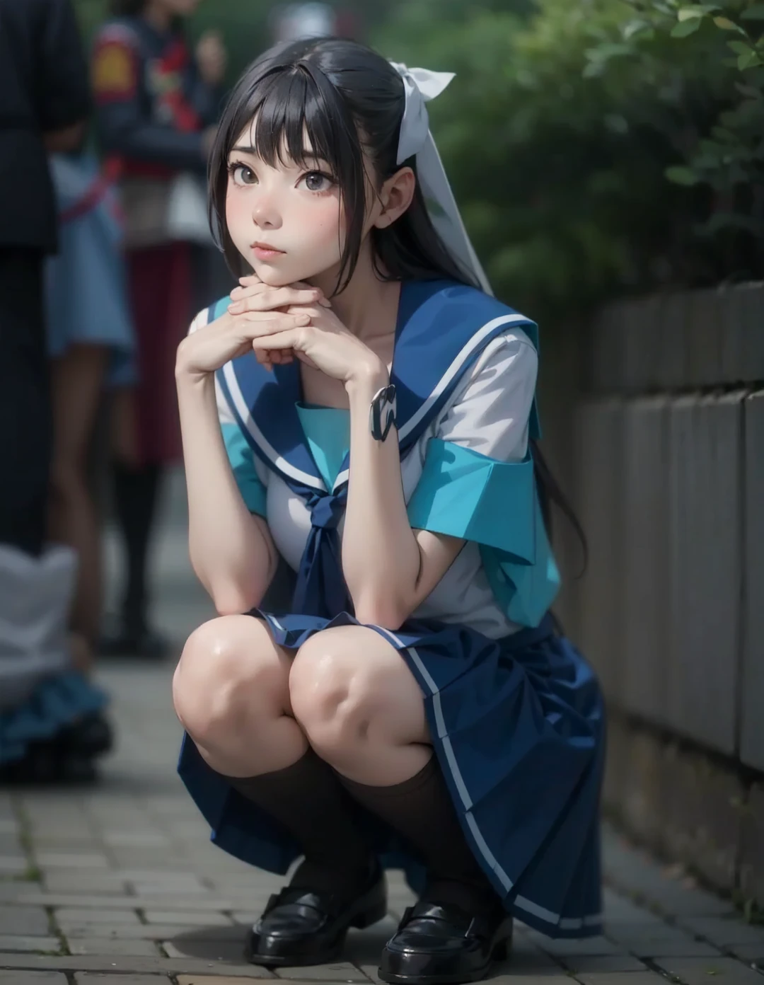 There is a woman kneeling with her hand on her chin, anime girl Cosplay, Cosplay photo, anime Cosplay, Japanese School Uniform, Real life anime girls, ayaka Cosplay, wearing Japanese School Uniform, Kantai Collection Style, Japanese girls uniform, Cosplay, Young Gravure Idol, Anime girl crouching, Another close-up of Iwakura