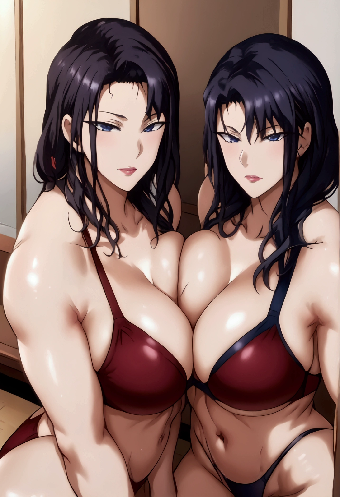 Two mature women perfect body Fitness ( Miyajima Tsubaki and Reika Kurashiki) wearing short black thong panties 1.3 ) big breasts , tight red bra,  ouifit 1 , Reika kurashiki long blonde hair )  (tsubaki miyajima long black hair)  , white skin color , blue eyes , at the gym , don&#39;t hide your crotch  , both looking at the viewer,  intentional,  masterpiece,  2 girls 