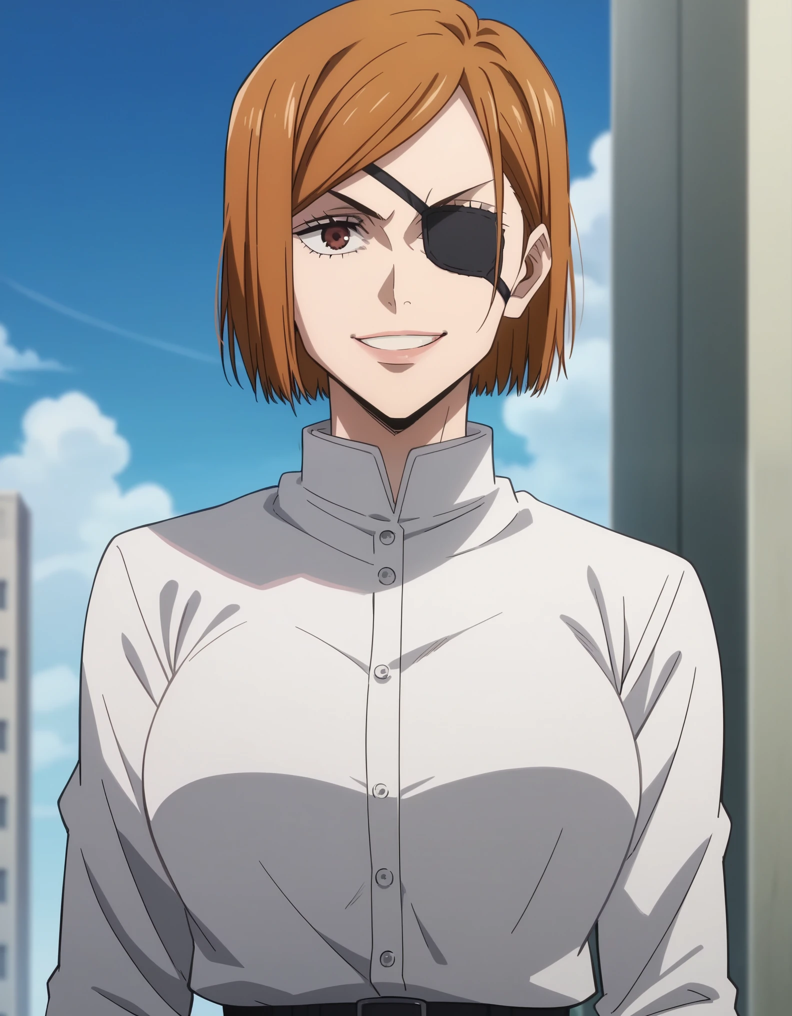 score_9, score_8_up, score_7_up, source_anime, 1girl,solo, nobara kugisaki, kugisaki nobara, bob cut, brown eyes, brown hair, lips, short hair, looking at viewer, cowboy shot, smile, big breasts, anime screencrap, (left black eyepatch), long shirt, thighs