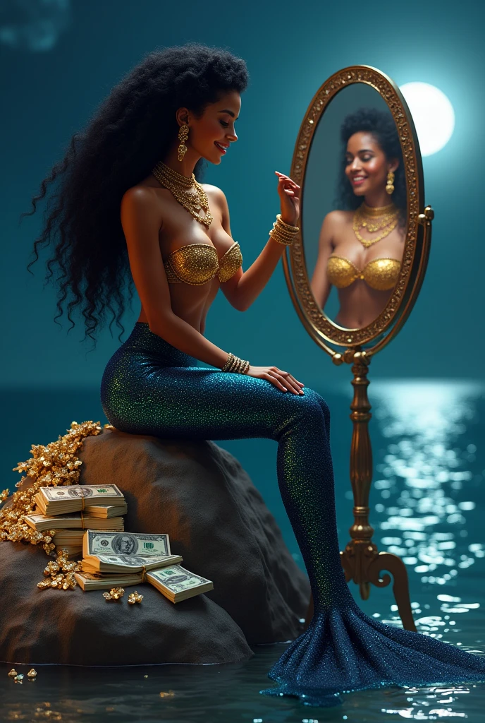 A brown skinned mermaid with voluminous black afro hair with a beautiful tail on a rock with several money, diamonds, Diamonds around you