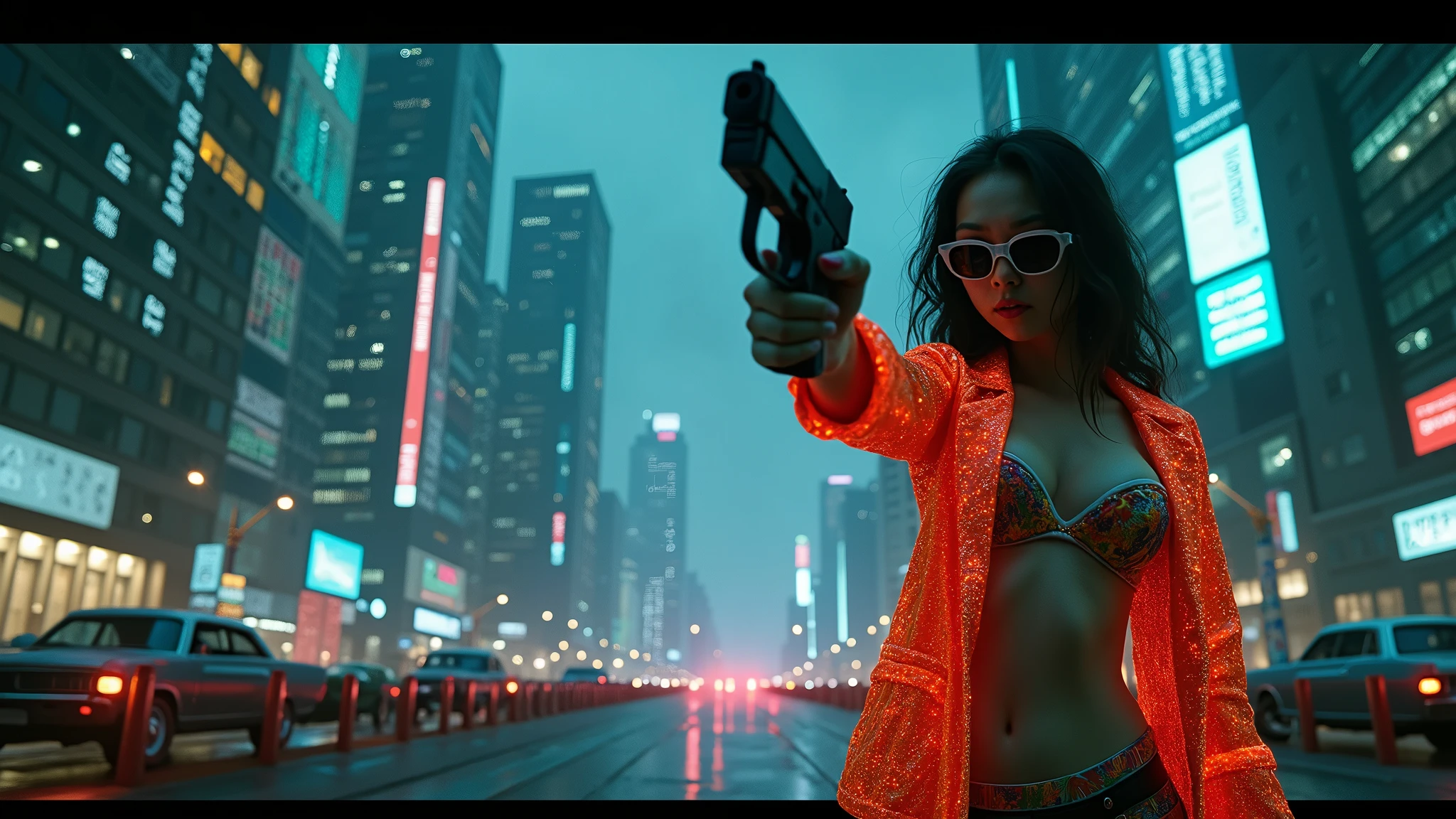 Blade Runner style futuristic Tokyo city, flying cars, neon lights, rainy night. (1girl, solo, alone), large-breast:1.2 slim body, oval face, cleavage:1.1, sexy laced lingerie, low angle view of miniskirt, jacket, (black micro sunglasses), (holding a short gun), half-body thigh level medium shot, cinematic lighting, ray tracing.