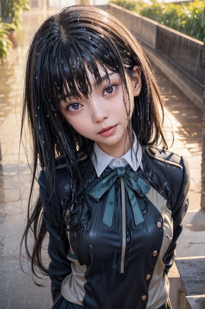 masterpiece, best quality, (realistic,photo-realistic:1.4), (RAW photo:1.2), extremely detailed CG unity 8k wallpaper, delicate and beautiful, amazing,finely detail, official art, absurdres, incredibly absurdres, huge filesize, ultra-detailed,extremely detailed eyes and face,light on face,inoue takina,(little smile),(black hair:1.4),(long hair:1.4),(wearing uniform:1.5),(raining background:1.5),(wet body:1.5),ribbon