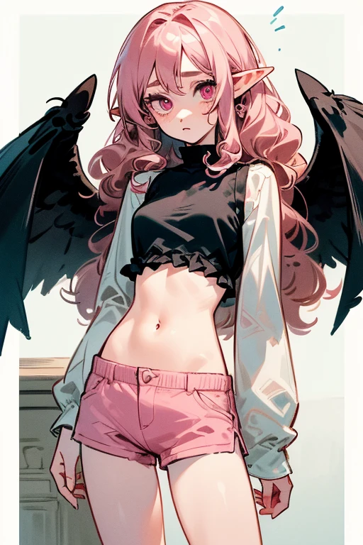 ((Masterpiece: 1.5, Best Quality, High Resolution: 1.3, Super Resolution, Super Detailed, Ultra Detailed: 1.3, Perfect Anatomy: 1.5, 1 girl) pale skin + long pink curly hair + pink eyes + long eyelashes + feminine figure, (loose silk shorts, short shirt, very long sleeves, pointy ears, visible stomach skin, visible thighs, black wings on her lower back) ((beautiful eyes, lazy expression))