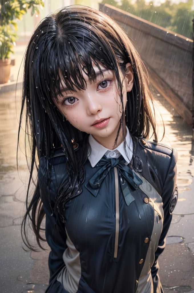 masterpiece, best quality, (realistic,photo-realistic:1.4), (RAW photo:1.2), extremely detailed CG unity 8k wallpaper, delicate and beautiful, amazing,finely detail, official art, absurdres, incredibly absurdres, huge filesize, ultra-detailed,extremely detailed eyes and face,light on face,inoue takina,(little smile),(black hair:1.4),(long hair:1.4),(wearing uniform:1.5),(raining background:1.5),(wet body:1.5),ribbon