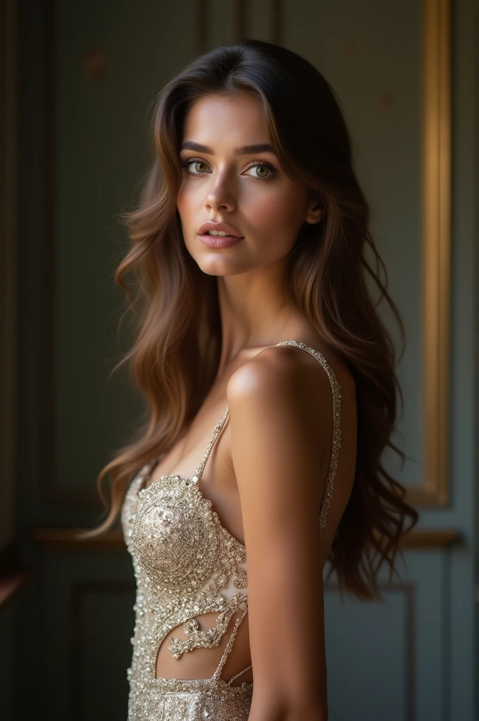 realistic, photorealistic, photo-realistic:1.37, (best quality,4k,8k,highres,masterpiece:1.2),ultra-detailed, 1girl, beautiful detailed eyes, beautiful detailed lips, extremely detailed eyes and face, long eyelashes, sensual expression, elegant pose, glamorous dress, high heels, luxury villa interior, dramatic studio lighting, warm color tones, soft focus, cinematic composition