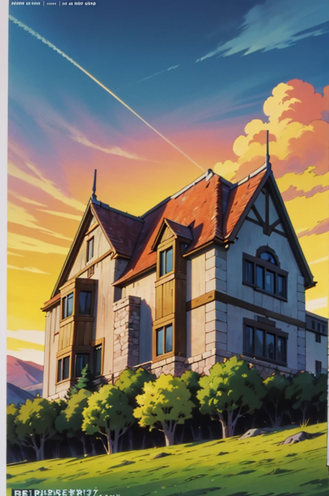 Por do sol nas montanhas. aves voando. Pinheiros e morros ao horizonte. A wooden house on the right. Fundo do anime. Well-defined dash. intrincate details. manga cover. poster