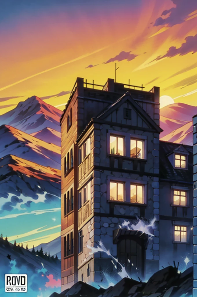 Por do sol nas montanhas. aves voando. Pinheiros e morros ao horizonte. A wooden house on the right. Fundo do anime. Well-defined dash. intrincate details. manga cover. poster