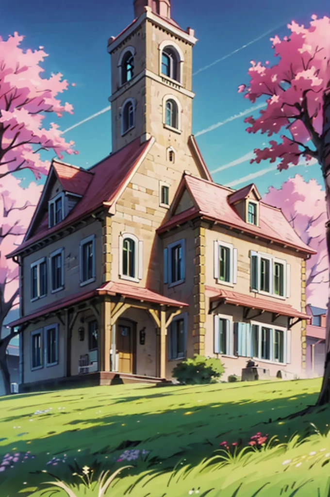 Por do sol nas montanhas. aves voando. Pinheiros e morros ao horizonte. A wooden house on the right. Fundo do anime. Well-defined dash. intrincate details. manga cover. poster