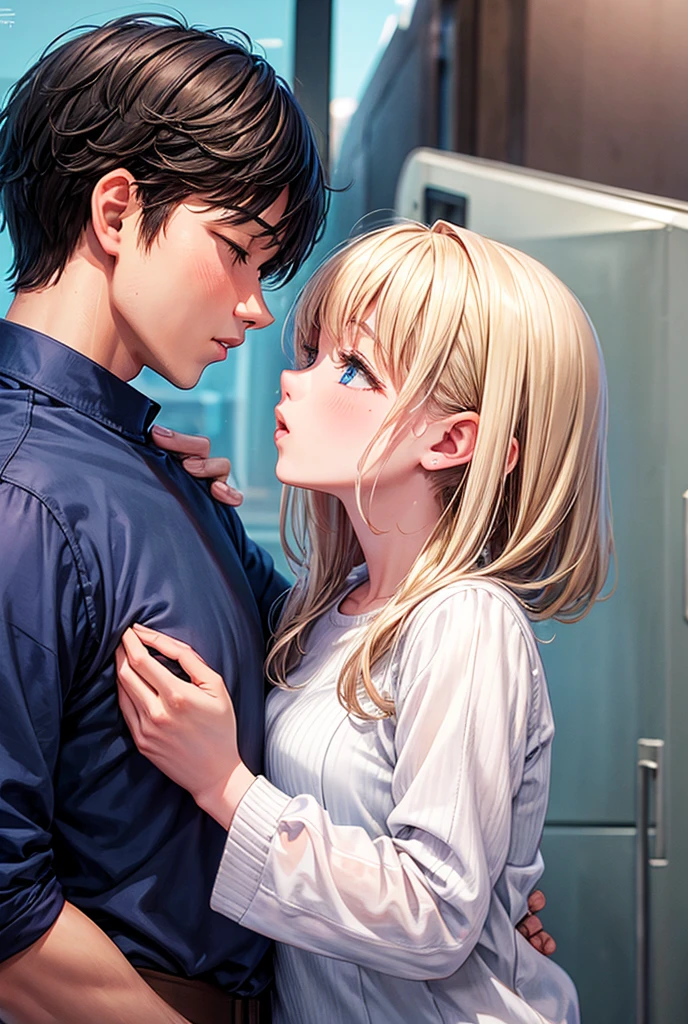 NSFW:1.55、Male genitalia(​masterpiece、Highly detailed 8K CG、Sharp lines)、Official art、Colorful and beautiful Japan anime style big eyes、1 pretty lady、a blond、(Real Female Student Uniform)、dark-brown eyes、cute little、A sexy、(From  above、POV:1.3)、crouching down、Slouched、sface focus、Mouth wide open、 (oral 、Breast :1.4)、Facial sperm、sexual excitement、Nasal blush、nipple erect、Bukkake、(One man stands in front of a woman)、(Including male genitalia in the mouth)、Wet and see-through、Small hard nipple erection:1.4、 through、Look at the viewer、full of shyness、(Colossal tits)、cleavage of the breast、