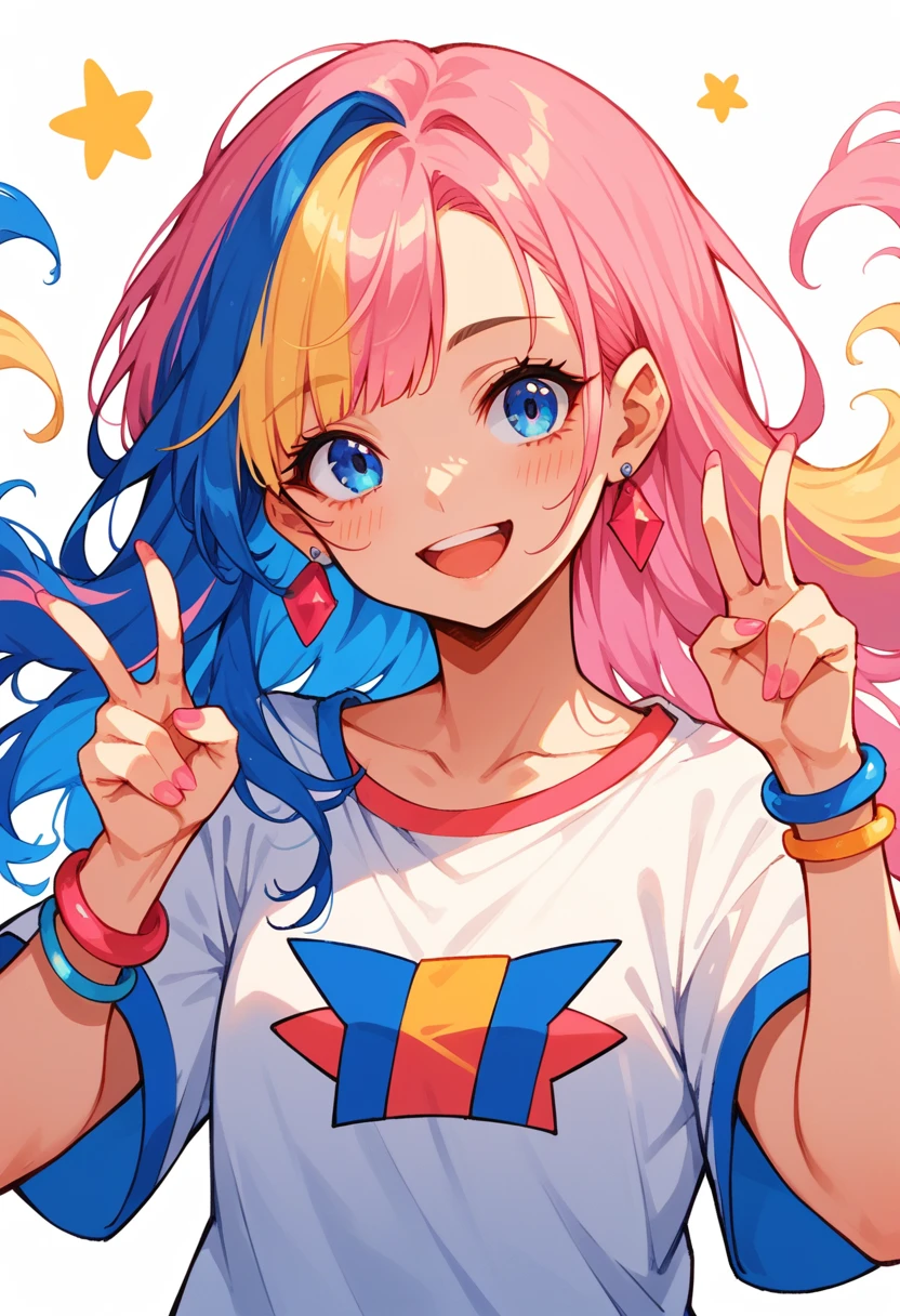 neondskdrmsxl, score_9_up, score_8_up, score_7_up, score_6_up, 1girl, solo, multicolored hair, jewelry, blue eyes, shirt, earrings, looking at viewer, blue hair, smile, pink hair, long hair, colorful, upper body, open mouth, blonde hair, bangs, v, short sleeves, bracelet, arms up, double v, multicolored clothes, pink nails, collarbone, blush 