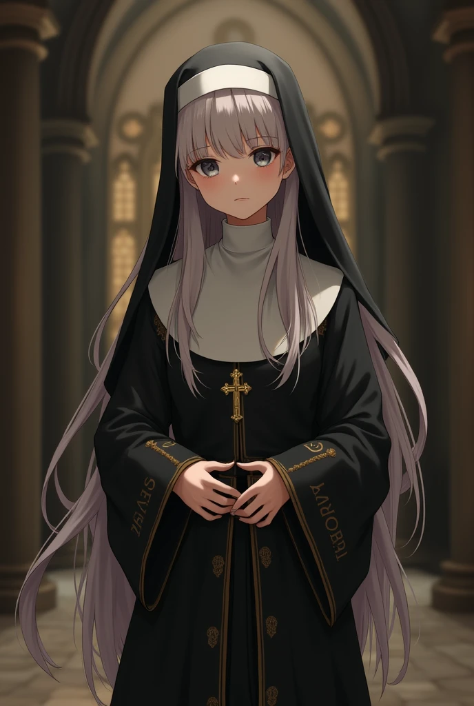 Long white haired female pervert wearing black cloak and long skirt, Cover your eyes with a bandage, Wearing a cross and chain, Stand dignified and elegant