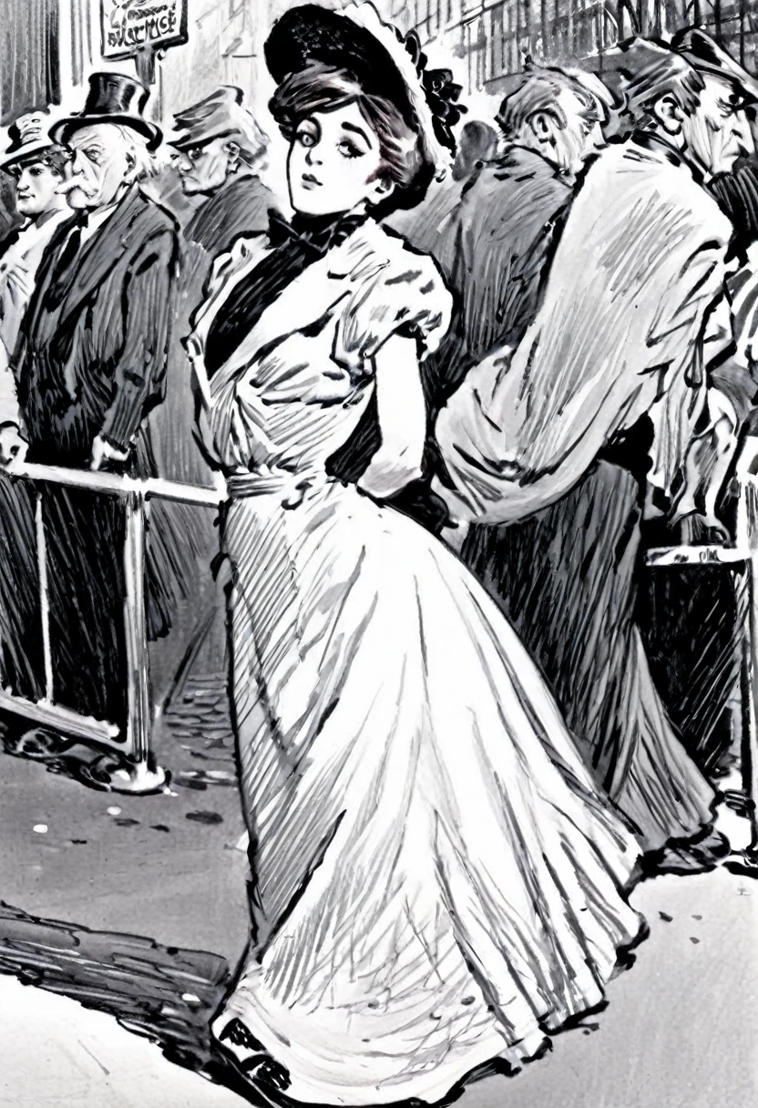 Sketch of A beautiful well-endowed **** Gibson Girl coquettishly sashaying along a crowded street. Year 1903. 1900_dr3ss. Girl wearing an Edwardian dress and hat. An old man looks and smiles at her lasciviously, looking visibly aroused. In the style of Charles Dana Gibson