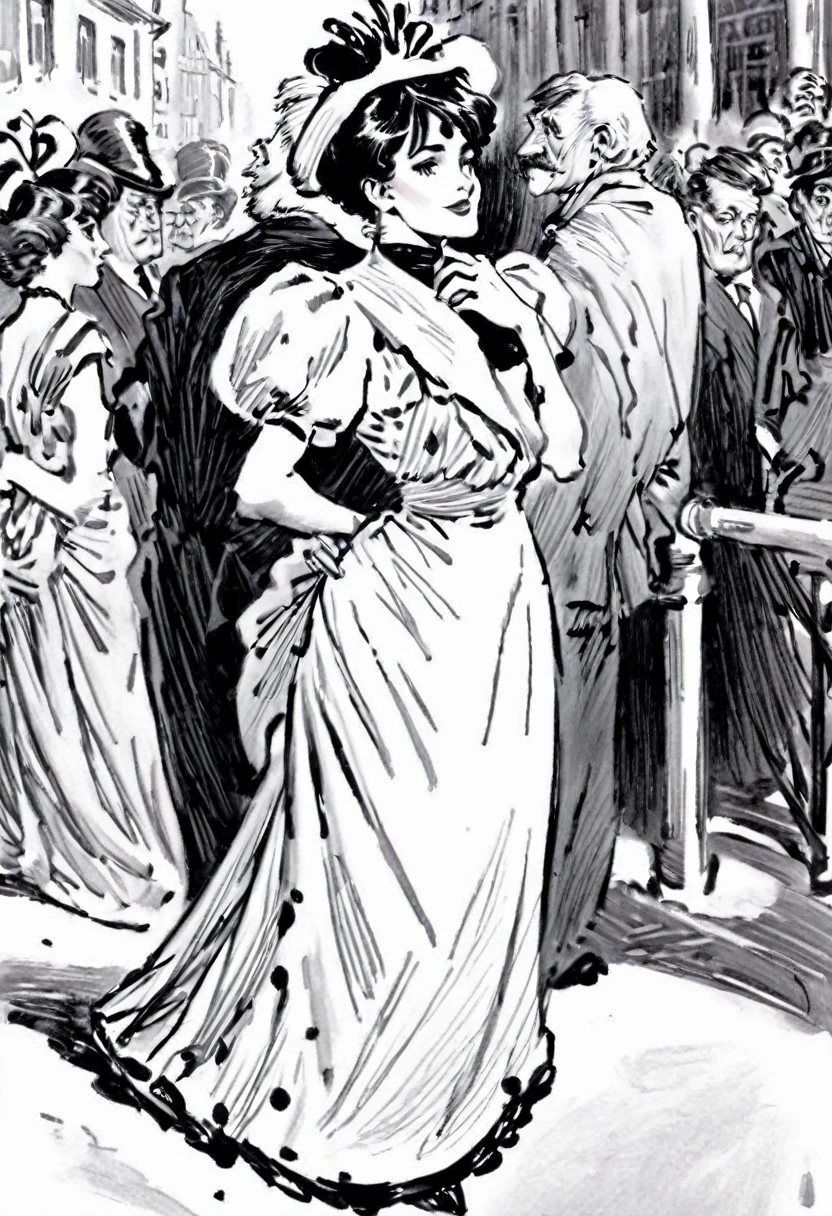 Sketch of A beautiful well-endowed **** Gibson Girl coquettishly sashaying along a crowded street. Year 1903. 1900_dr3ss. Girl wearing an Edwardian dress and hat. An old man looks and smiles at her lasciviously, looking visibly aroused. In the style of Charles Dana Gibson