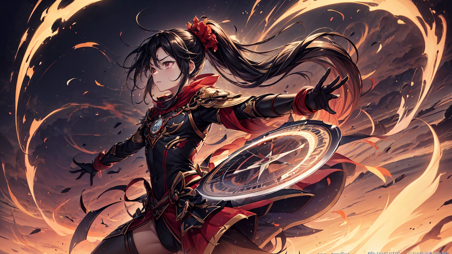 (((Best resolution, Textured skin, high quality, Precise CG unification, game CG))), Solo, (((one male))), black ponytail hair, tsurime, detailed brown eyes, Are standing, fighting, (profile angle:1.4), dynamic angle, fighting, action pose, facing away, magic circle, vortex of flame, fire,