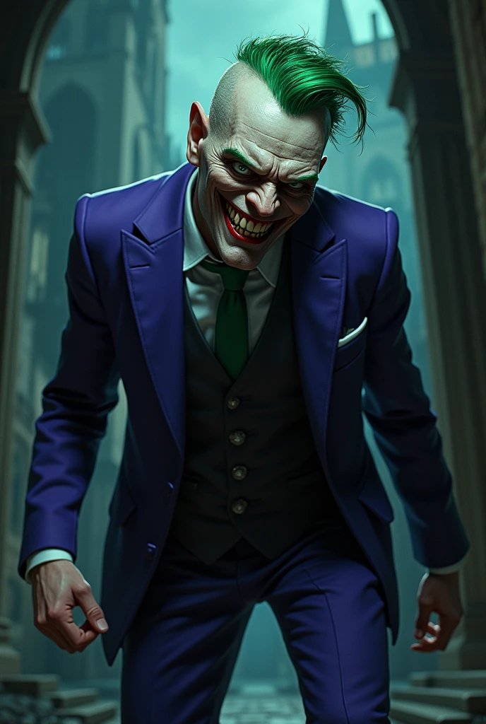 Willem Dafoe being the joker, purple suit, orange shirt, green hair with black details, cruel pose, Surrealism, anaglyph, stereogram, tachi-e, pov, atmospheric perspective, 8k, super detail, ccurate, best quality, in gotham city, scrutinized theme, perfect framing, modern art, purple tie, orange shirt and purple suit, smiling face, rosto com maquiagem branca
