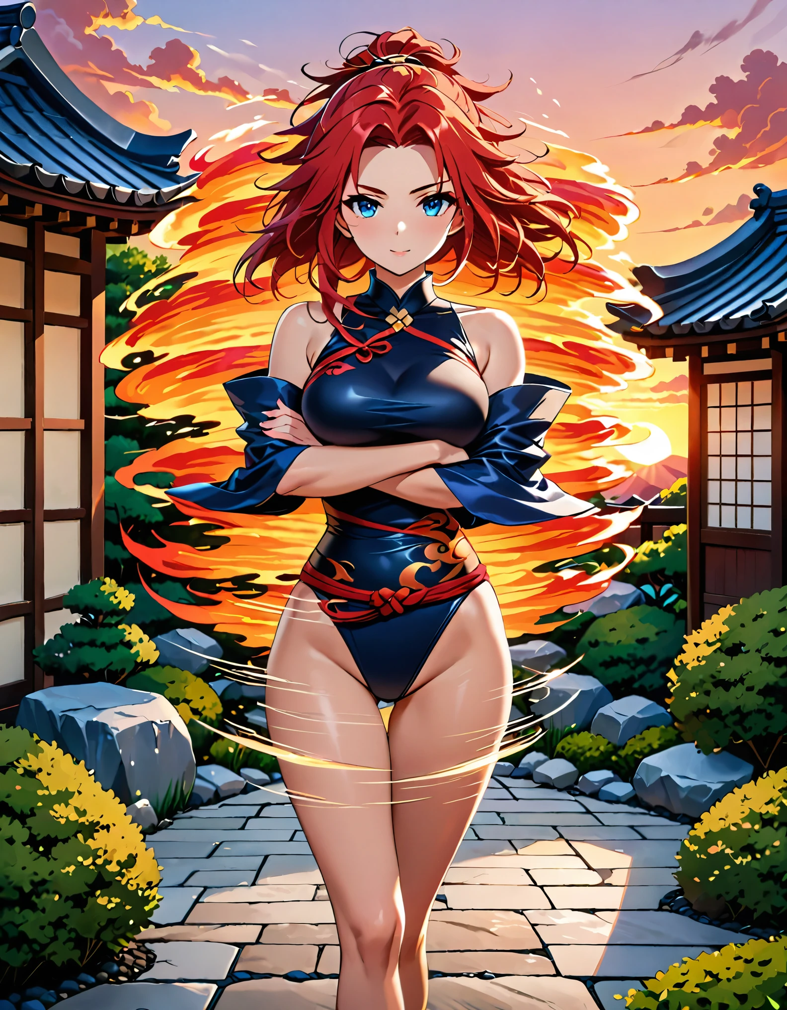 (masterpiece), (best quality), (high res), highly detailed, professional, 8k, 1woman, solo, solo focus, adult, cute and attractive woman, kunoichi, leotard, bare legs, ankle boots, red hair, dark blue eyes, Japanese Garden backdrop, sunset, cowboy shot, full body with costume. crossed arms, spins fast in place like a tornado, flame tornado, spiral lines around her, speed lines around her.