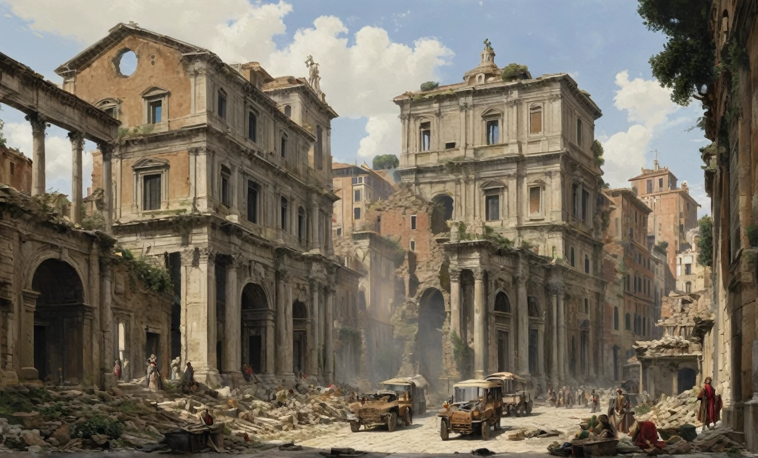 epic, hyperdetailed 3d matte painting, cinemascope panoramic, awe inspiring, colossal, landscape, ((close quarters fight, warriors)), battle, (( He drives his (chariot), there arose (((a night Dark with huge ((slaughter)) and with (crime)))), and groans As of a voice immense, and sound of alms As fell the wearer, and of (sword) on sword Crashed into fragments With a ready (hand) Caesar supplies the (weapon) and bids (strike) Full at the visage and with (lance) reversed Urges the flagging ranks and (stirs the fight), where flows (the nation's (blood)), where beats the (heart), Knowing he bids them spare the common herd,  But seek the senators, thus Rome (he strikes), Thus the last hold of Freedom )), natural skin texture, muted colors,  sharp focus, ((((cinematic look)))), insane details, intricate details,  (clutter:1.3), (decay:1.3), (grit:1.3), (darkness), (grunge:1.3), (oozing pools of filth:1.3), art by greg rutkowski and by caravaggio and by moebius and by alphonse mucha and by David Teniers the Elder, pharsalia
