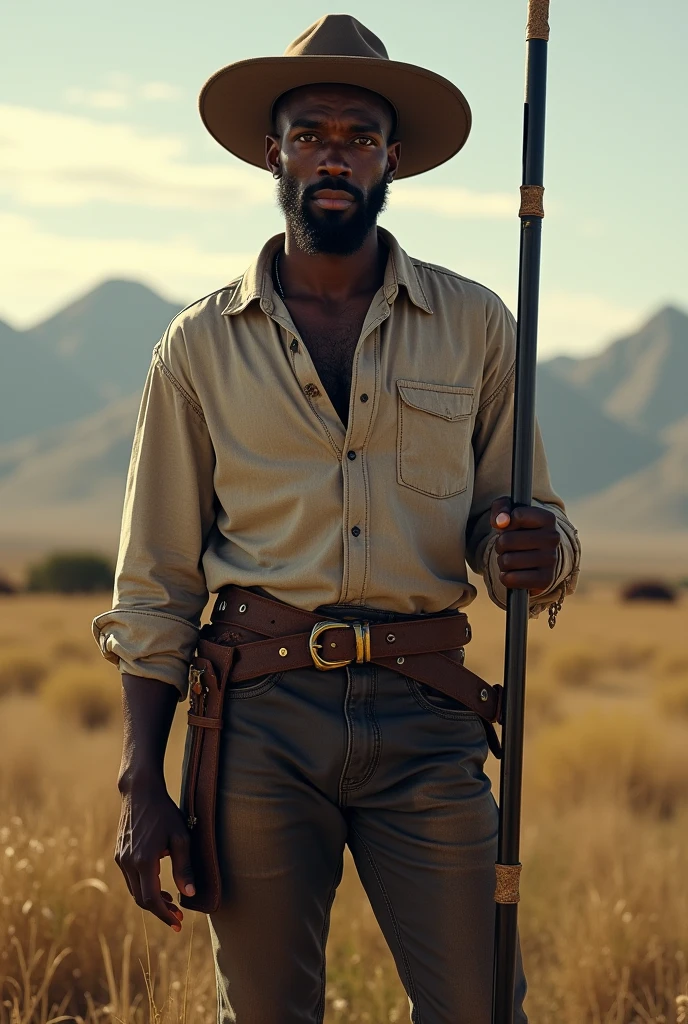 A 40 year old black man, with a mustache, leather hat, old yellow crochet shirt, smoking a pipe in the woods