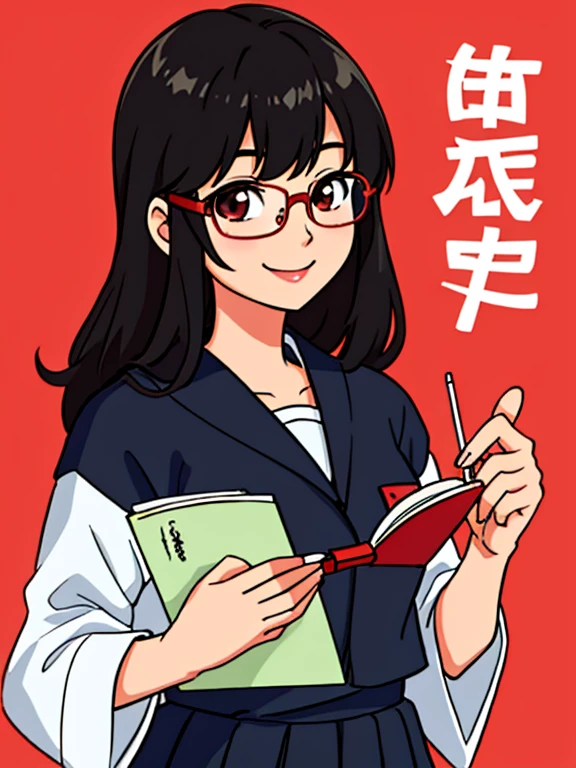 Masterpiece, 1girl, solo, Japanese student, teen, smiling, her appearance reflects her beauty and intelligence(she's wearing a black Japanese school uniform and red reading glasses)
