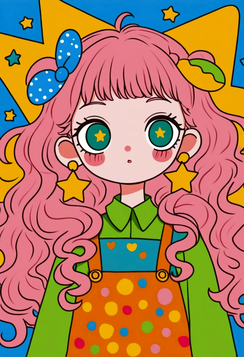 The characters in the illustrations have natural expressions，long, Pink curly hair, Decorated with orange and green horn hair accessories. The character wears a green shirt with an orange triangle pattern，Wearing star-shaped earrings. The background color is bright，Yellow-orange theme, Featuring red hearts, A blue square, and a blue crescent moon. The overall atmosphere is lively and wonderful, With pop art style elements. Character with eyes closed, And has a contrasting dark shade，Emphasizes its curious appearance.