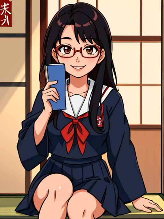 Masterpiece, 1girl, solo, Japanese student, teen, smiling, her appearance reflects her beauty and intelligence(she's wearing a black Japanese school uniform and red reading glasses)
