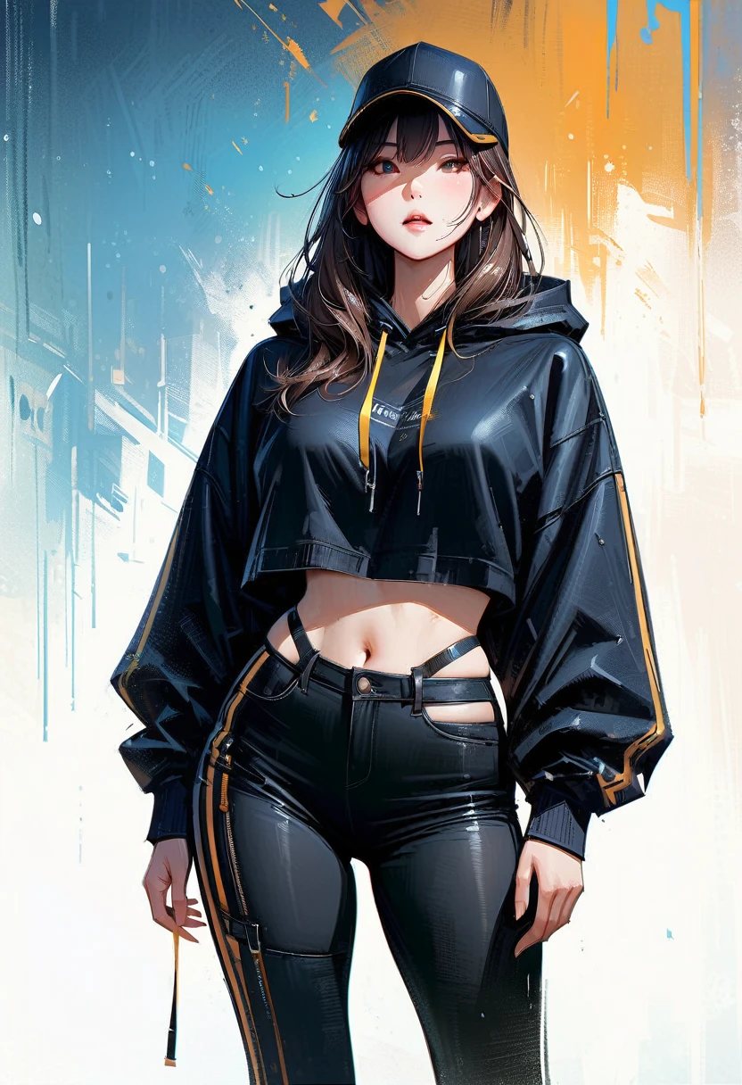 (masterpiece, See the details、Realistic texture with precise expression、Best Quality, Balayage highlighting:1.2), 1 girl, Alone、Gal、Splash、Sulky face、Cool vibe、(White crop top hoodie、Black leggings,whole body、(Big Breasts)、Sturdy body、Gold Anklet、Standing with a cap on)
