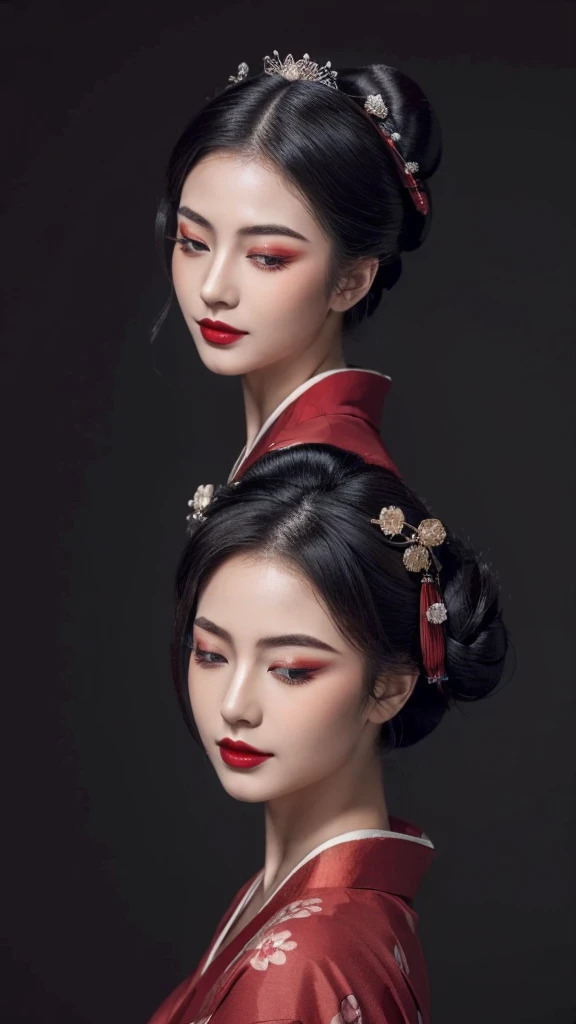 ((Top quality, 8k, Masterpiece: 1.3)), Sharp focus :1.2,   ((geisha)).   (()).   ((Body slim thin captivating)).   ultra-detailed face,   highly detailed lips,    detailed eyes,   long eyelashes,    Make-up face.   Red lipstick.  hair accessories,    hair Bun,  elegance,    enchanting,

((Red kimono)).  

((Only shows the face)).     ((Only shows the face)).    make-up face with lipstick,     both eyes closed,     both eyes closed,     both eyes closed,    both eyes closed,      both eyes closed,    both eyes closed,     ((Dark background))