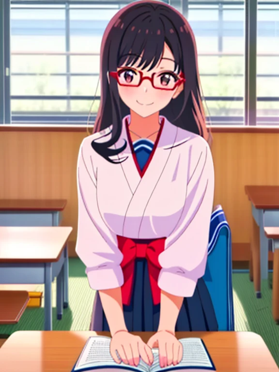 Masterpiece, 1girl, solo, Japanese student, teen, smiling, her appearance reflects her beauty and intelligence(she's wearing a black Japanese school uniform and red reading glasses)
